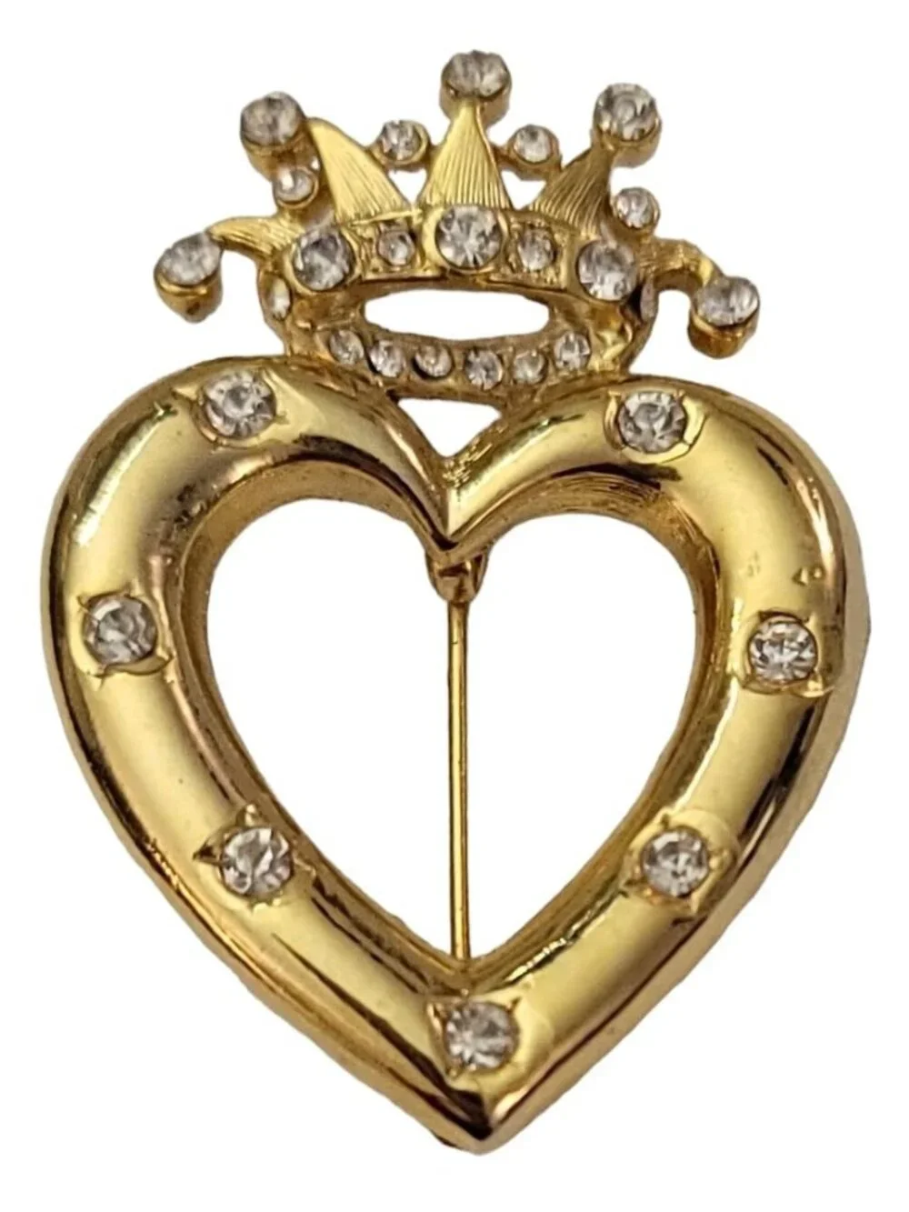 Gold Tone Heart Crown Clear Rhinestone Brooch Pin K830